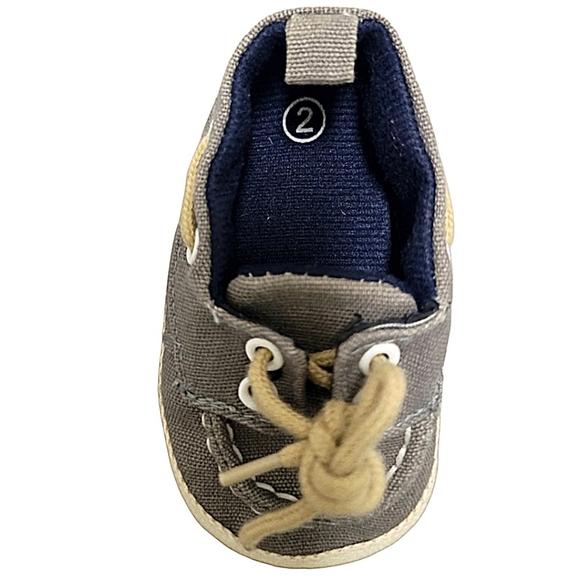 Baby Boy Cotton Lace Up Gray Slip On Boat Crib Shoes sz 2 (3-6 months) - Picture 9 of 12